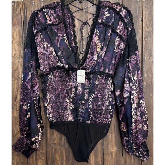 Free People MEDIUM Bodysuit Worth The Wait Balloon Long Sleeves Smocked Lace - Picture 1 of 14